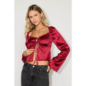 Lulus Bess Red Satin Tie-front Long Sleeve Top - Size L